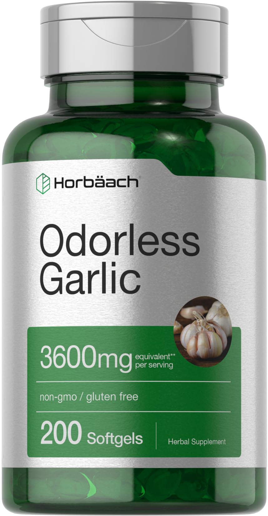 Horbäach Odorless Garlic Softgels 3600 mg - 200 Count - Ultra Potent Garlic Extract - Non-GMO & Gluten Free