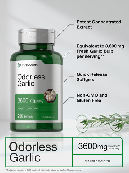 Horbäach Odorless Garlic Softgels 3600 mg | 200 Count | Non-GMO & Gluten Free (Pack of 2)
