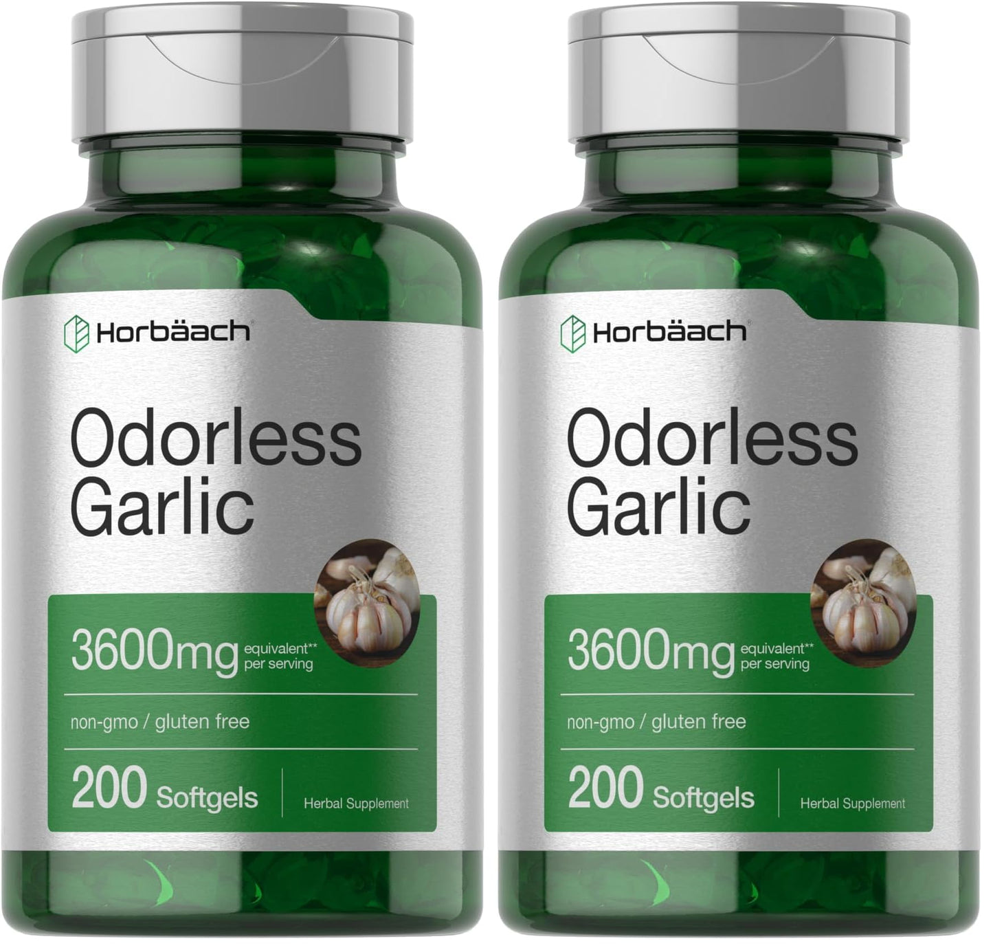 Horbäach Odorless Garlic Softgels 3600 mg | 200 Count | Non-GMO & Gluten Free (Pack of 2)