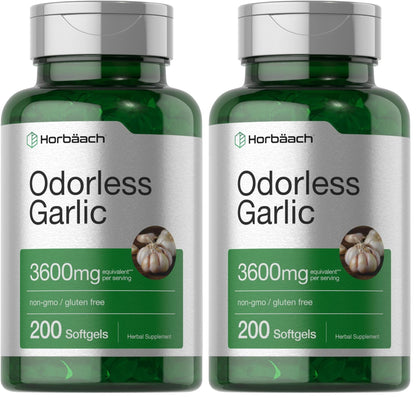 Horbäach Odorless Garlic Softgels 3600 mg | 200 Count | Non-GMO & Gluten Free (Pack of 2)