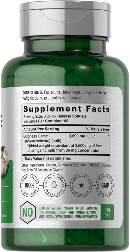 Horbäach Odorless Garlic Softgels 3600 mg | 200 Count | Non-GMO & Gluten Free (Pack of 2)