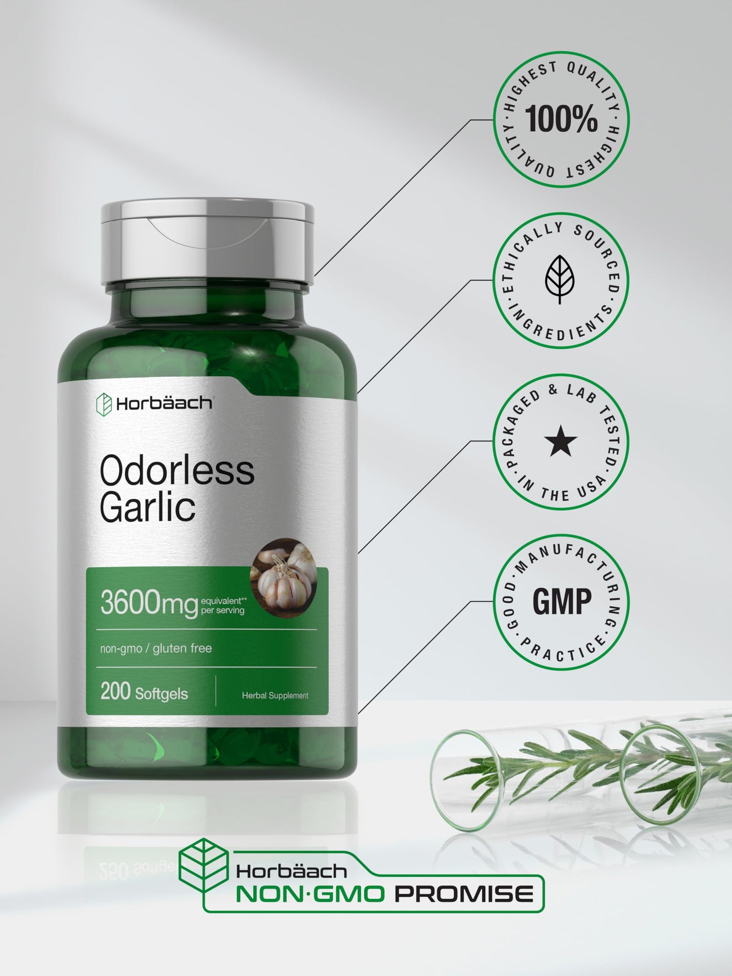 Horbäach Odorless Garlic Softgels 3600 mg | 200 Count | Non-GMO & Gluten Free (Pack of 2)