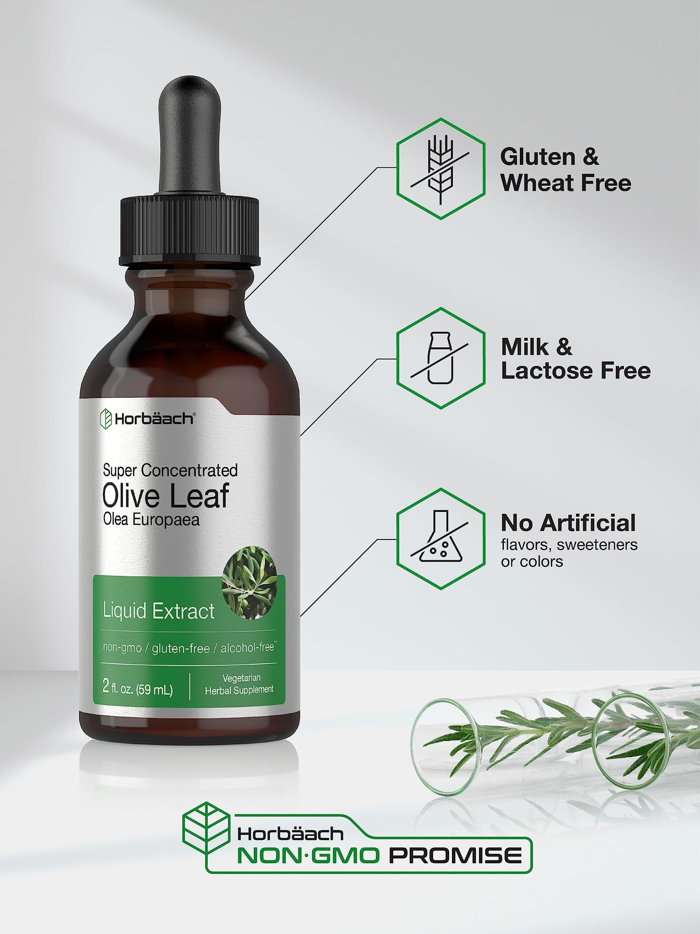 Horbäach Olive Leaf Extract Liquid - 2 fl oz | Super Strength | Alcohol Free, Vegetarian, Non-GMO, Gluten Free