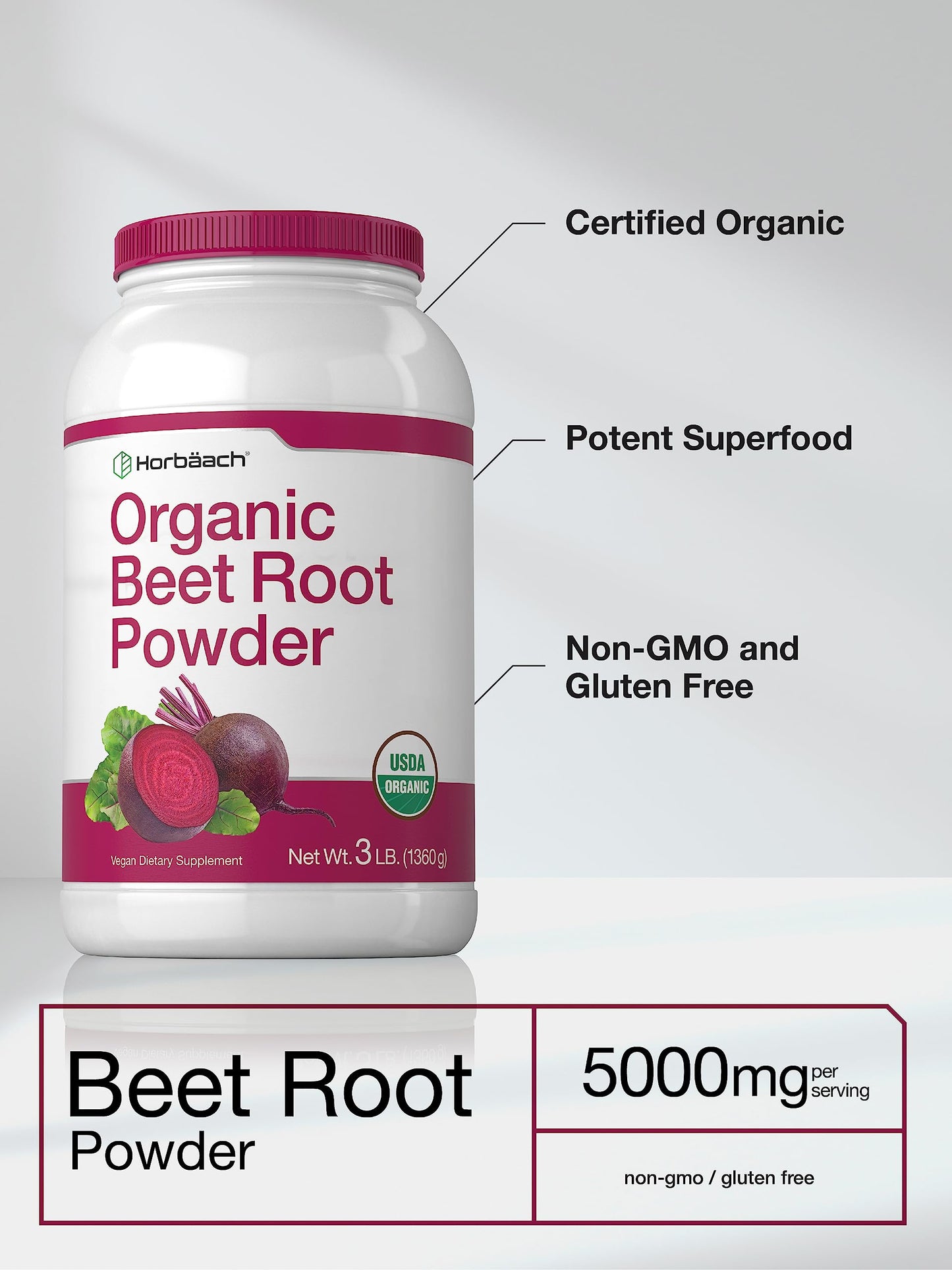 Horbäach Organic Beet Root Powder | 3lb Bulk Supplement | Raw Superfood | Vegan, Non-GMO, and Gluten Free Formula