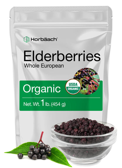Horbaach Organic Dried Elderberries – 1 lb Bulk Bag | Sambucus Nigra | Non-GMO, Gluten Free