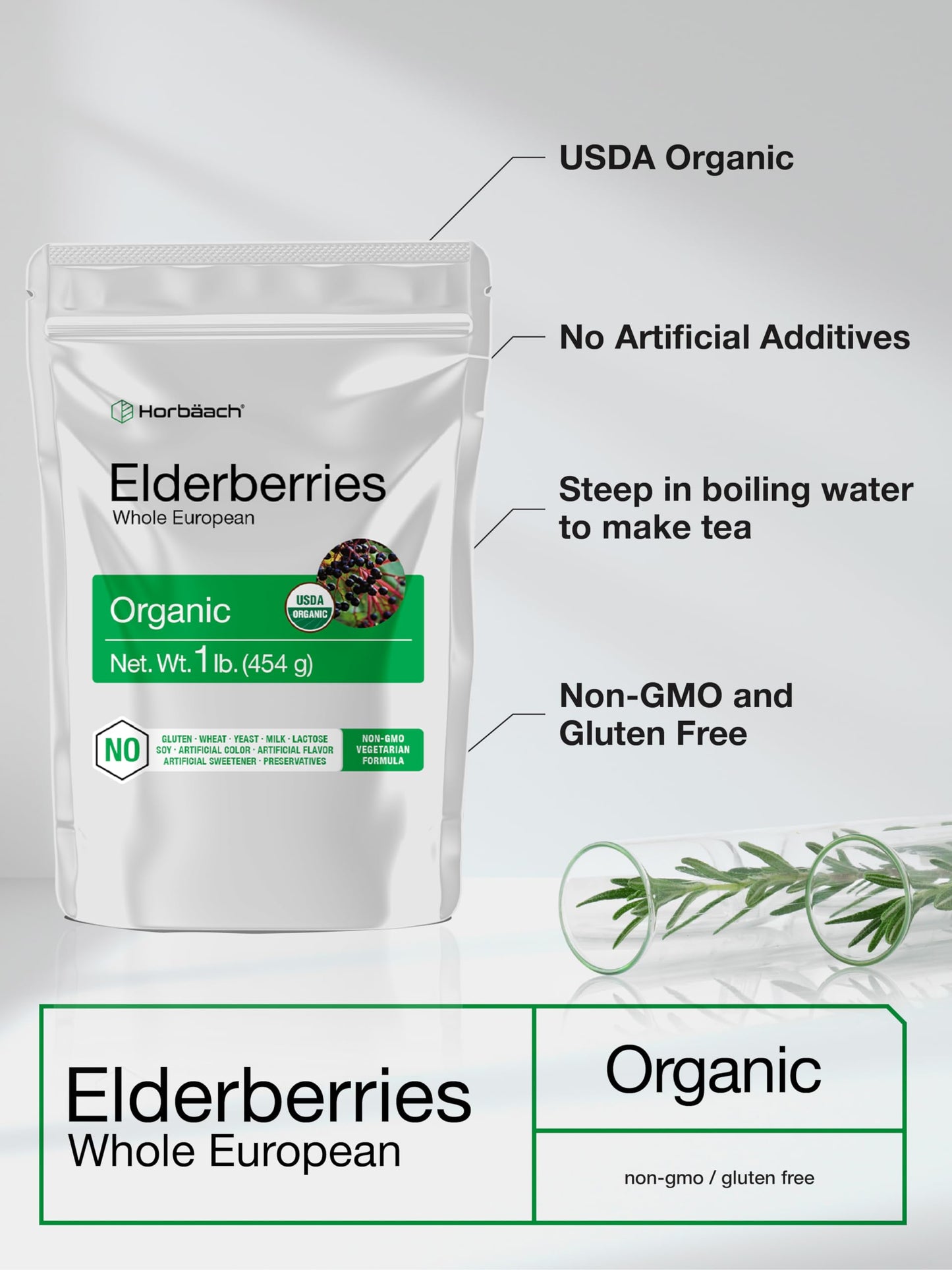 Horbaach Organic Dried Elderberries – 1 lb Bulk Bag | Sambucus Nigra | Non-GMO, Gluten Free