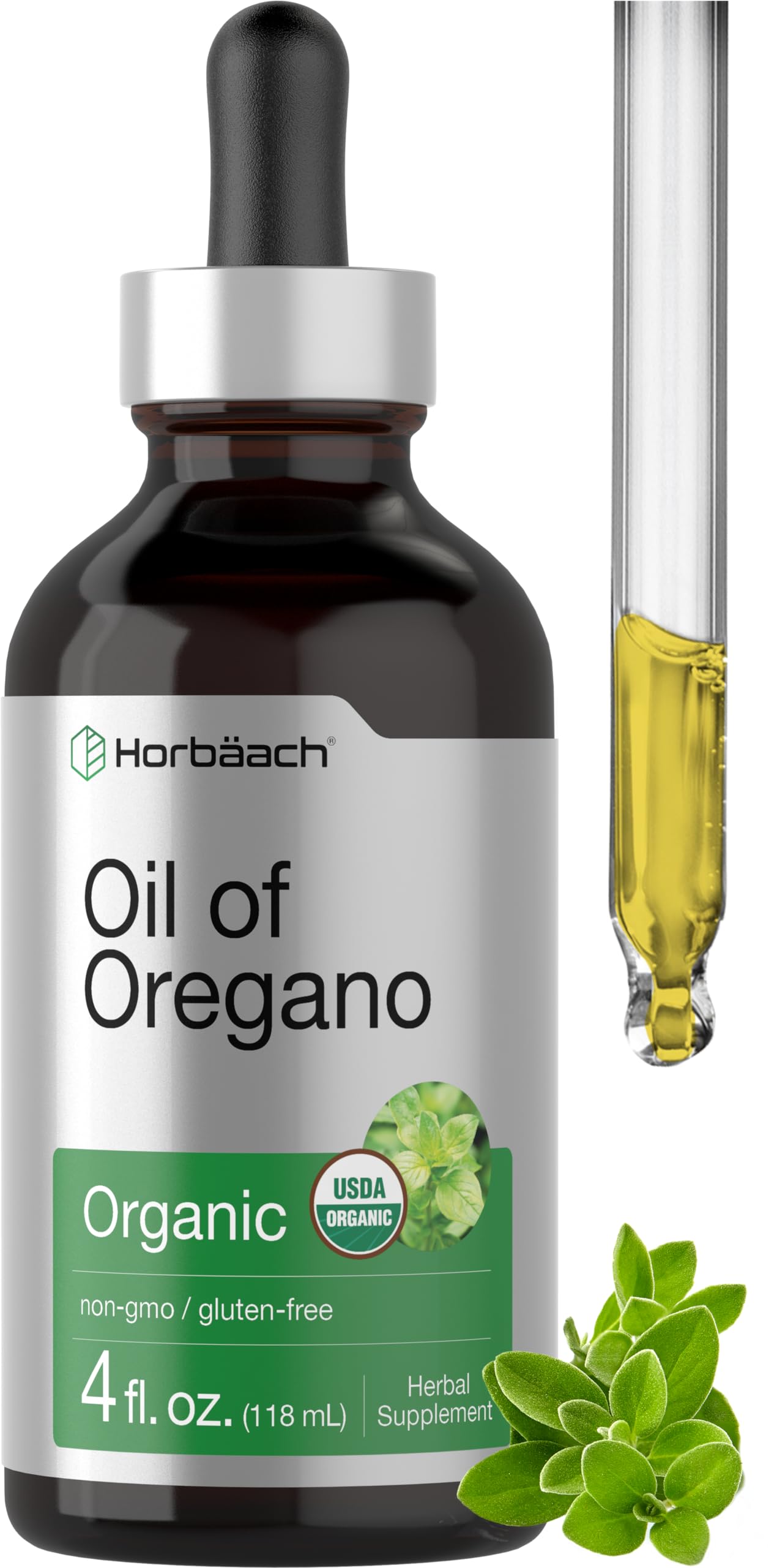 Horbäach Organic Oil of Oregano Drops 4 fl oz – Vegan, Non-GMO, Gluten Free