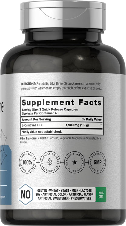 Horbäach L-Ornithine HCl 1900 mg | 120 Caps | Non-GMO & Gluten Free