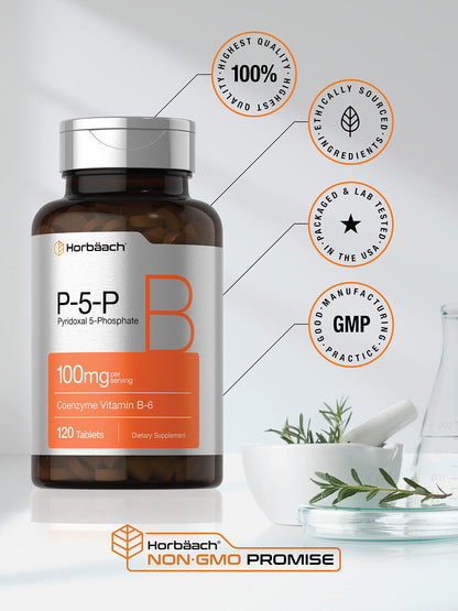Horbäach P5P Activated Vitamin B6 100mg | 120 Tablets | Vegetarian, Non-GMO, Gluten Free | Pyridoxal 5 Phosphate
