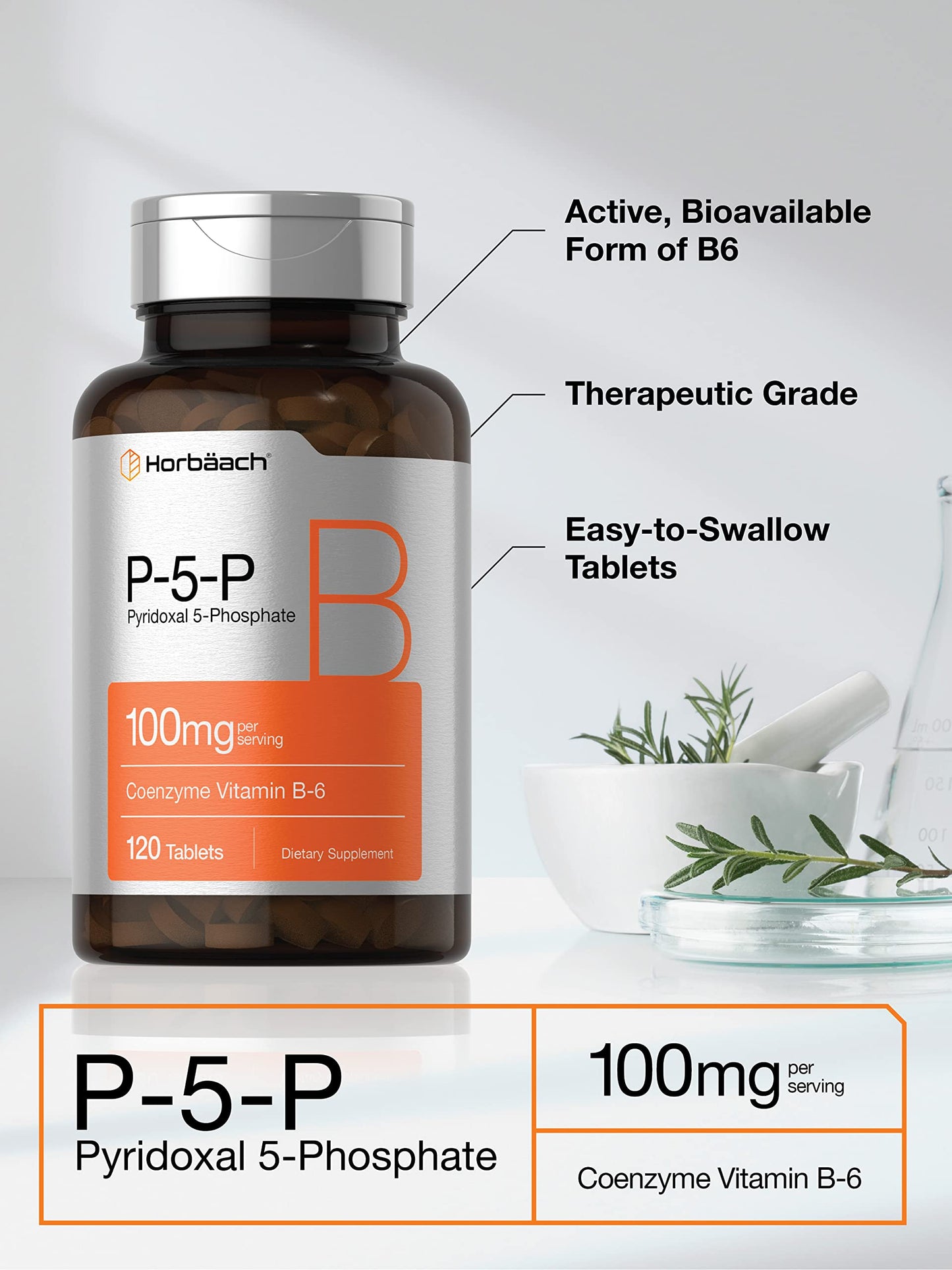 Horbäach P5P Activated Vitamin B6 100mg | 120 Tablets | Vegetarian, Non-GMO, Gluten Free | Pyridoxal 5 Phosphate