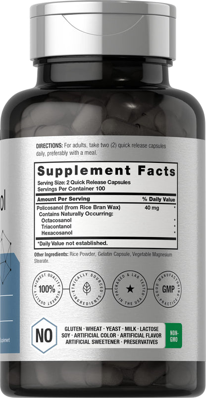 Horbäach Policosanol 40mg | 200 Capsules | Non-GMO & Gluten Free Supplement