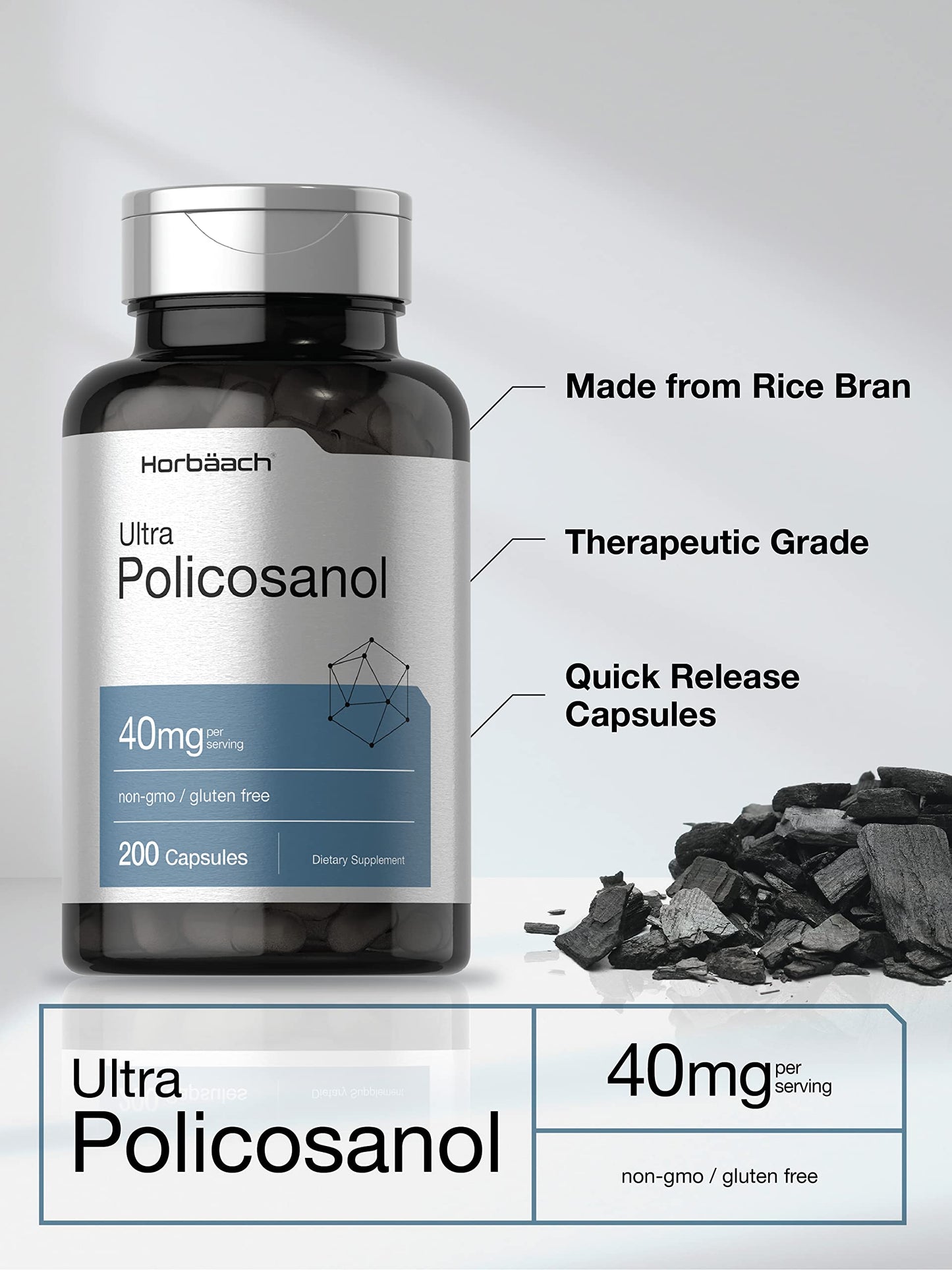 Horbäach Policosanol 40mg | 200 Capsules | Non-GMO & Gluten Free Supplement