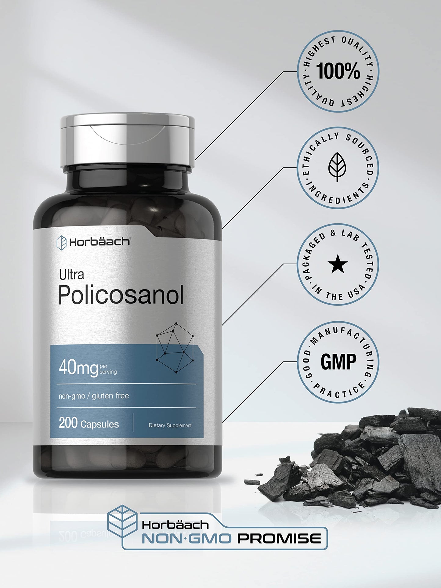 Horbäach Policosanol 40mg | 200 Capsules | Non-GMO & Gluten Free Supplement