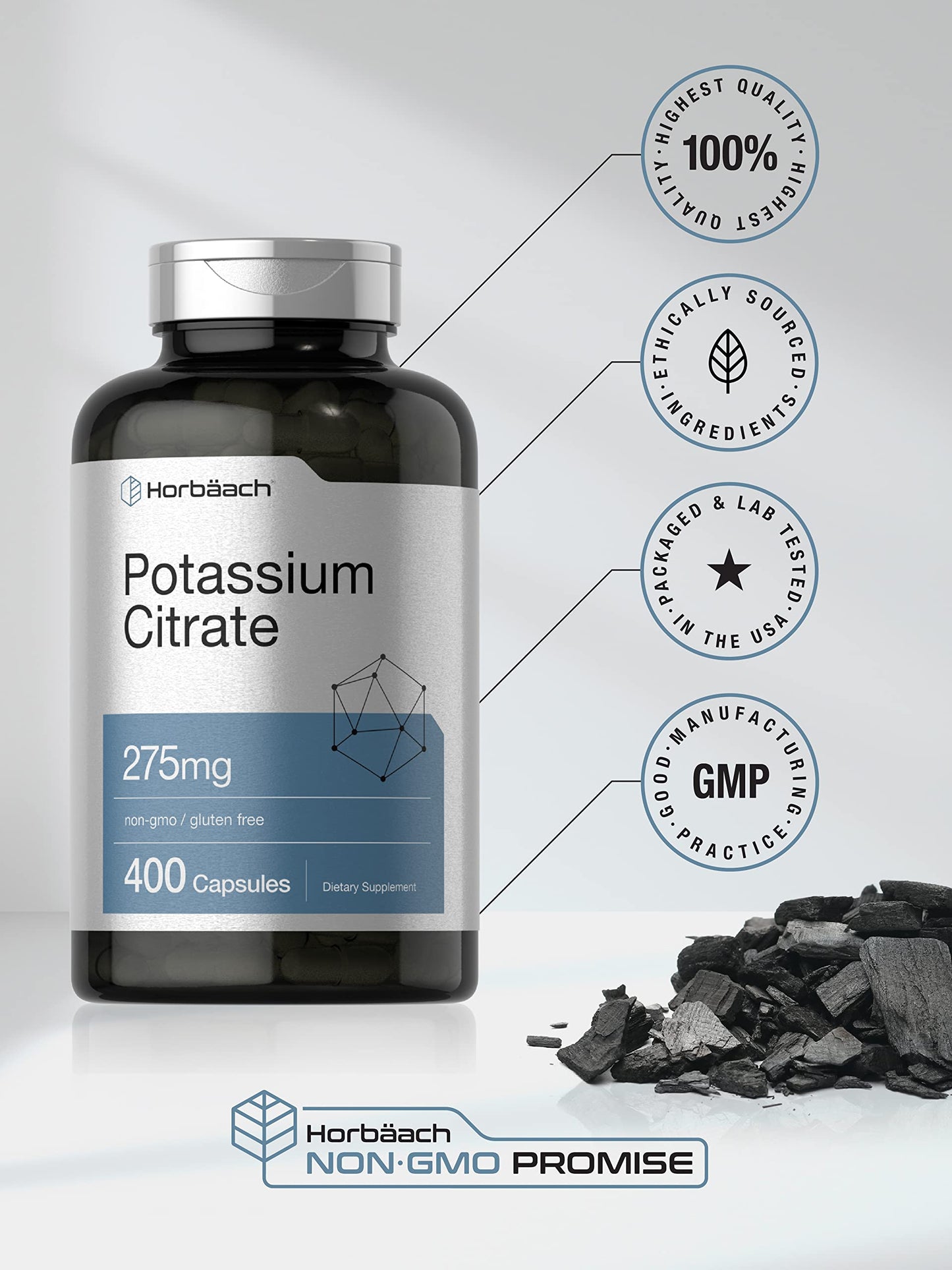 Horbäach Potassium Citrate 275 mg | 400 Capsules | Non-GMO, Gluten Free