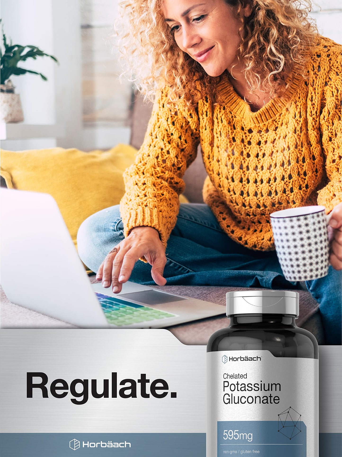 Horbäach Chelated Potassium Gluconate Supplement | 595 mg | 300 Caplets | Vegetarian, Non-GMO, Gluten Free
