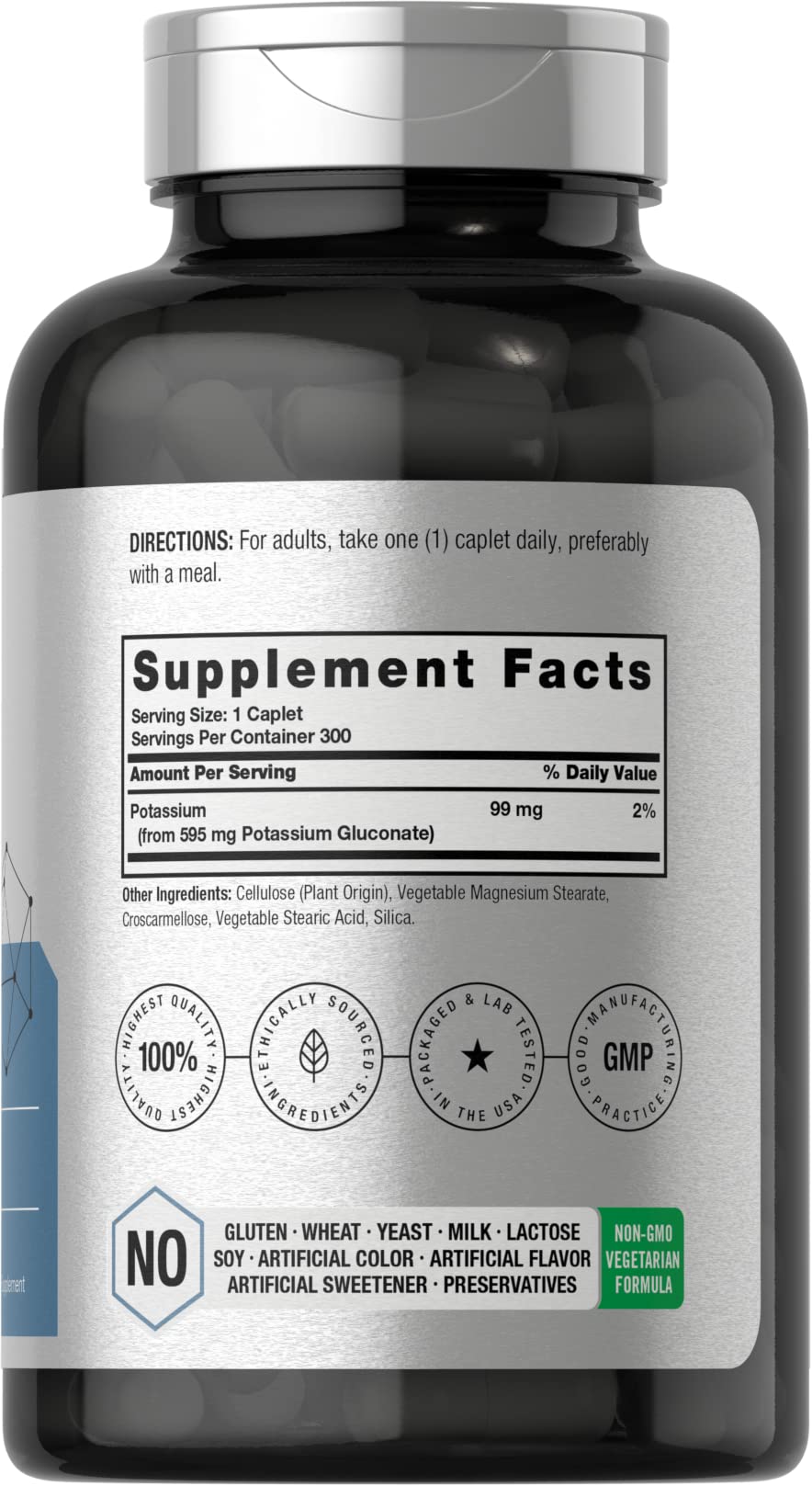 Horbäach Chelated Potassium Gluconate Supplement | 595 mg | 300 Caplets | Vegetarian, Non-GMO, Gluten Free