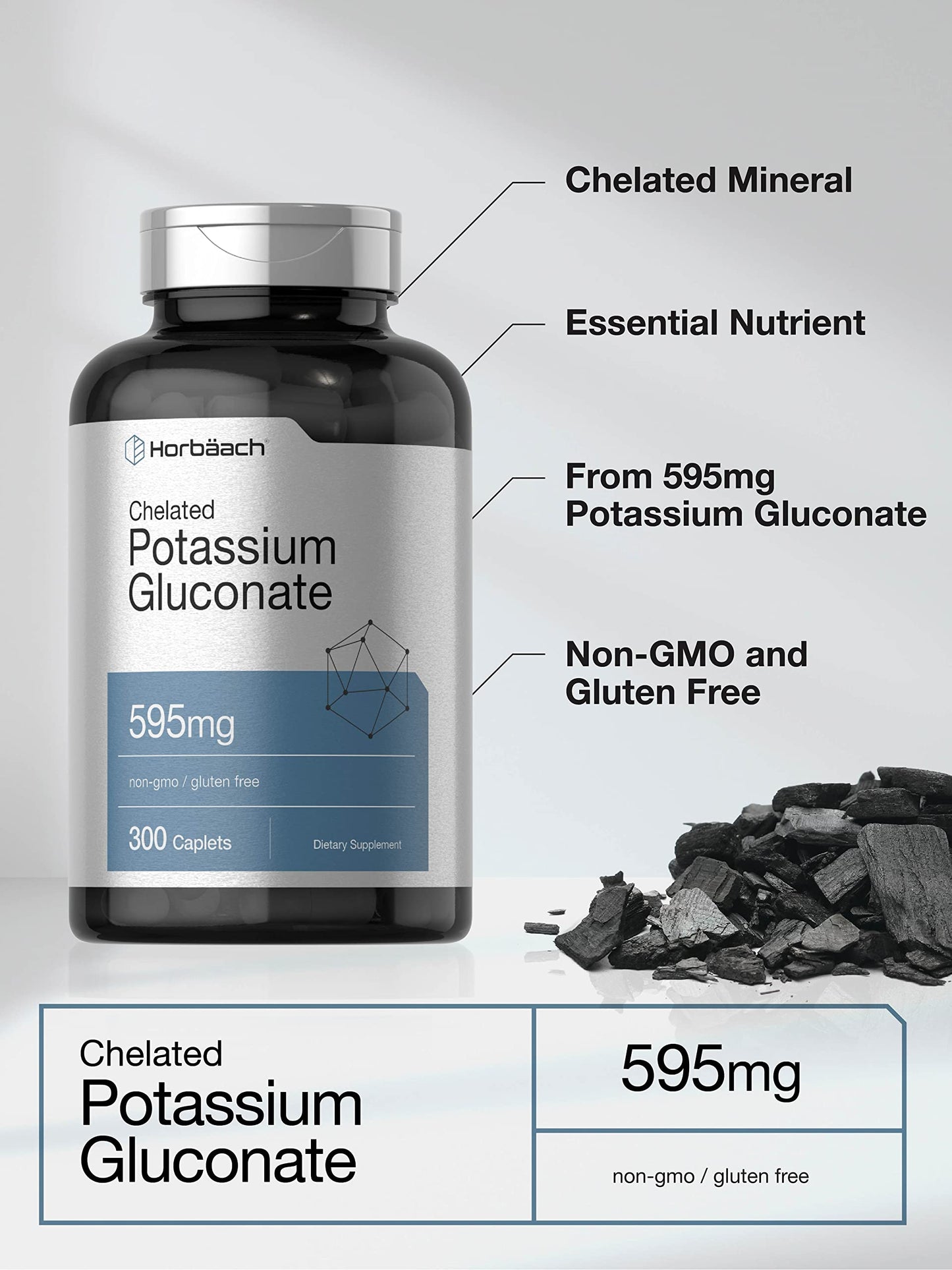 Horbäach Chelated Potassium Gluconate Supplement | 595 mg | 300 Caplets | Vegetarian, Non-GMO, Gluten Free