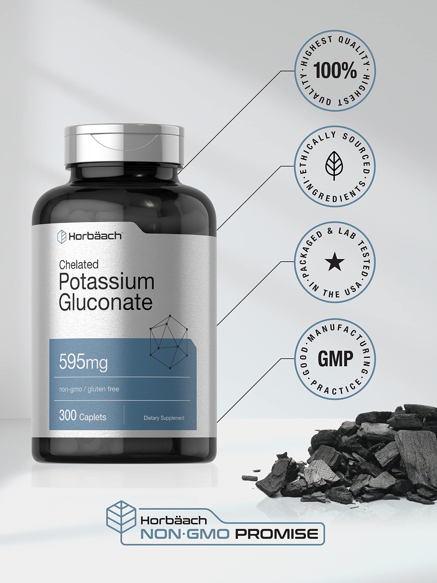 Horbäach Chelated Potassium Gluconate Supplement | 595 mg | 300 Caplets | Vegetarian, Non-GMO, Gluten Free