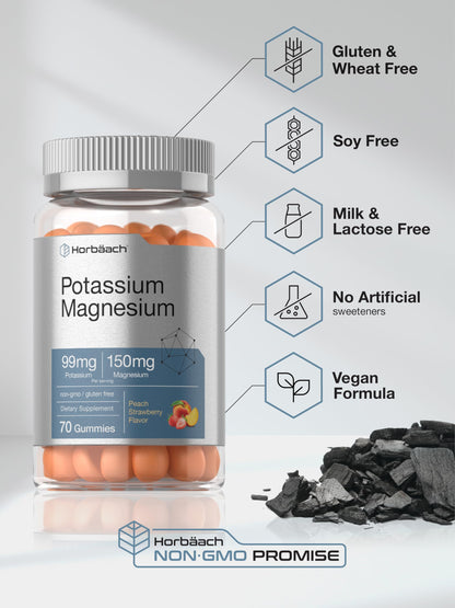 Horbäach Potassium Magnesium Gummies – Peach Strawberry | 70 Count | Vegan, Non-GMO, Gluten Free