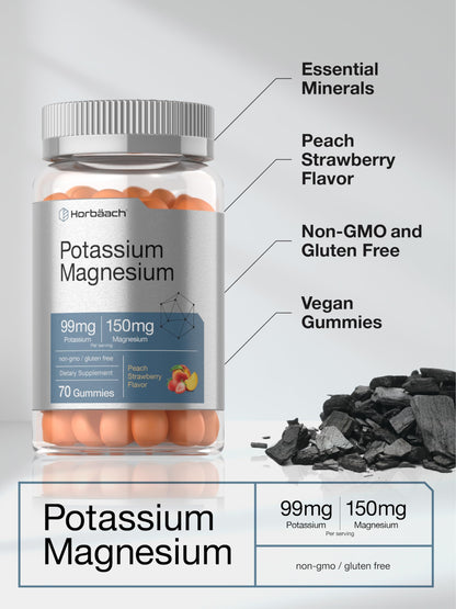 Horbäach Potassium Magnesium Gummies – Peach Strawberry | 70 Count | Vegan, Non-GMO, Gluten Free