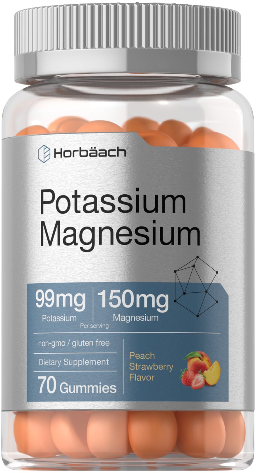 Horbäach Potassium Magnesium Gummies – Peach Strawberry | 70 Count | Vegan, Non-GMO, Gluten Free