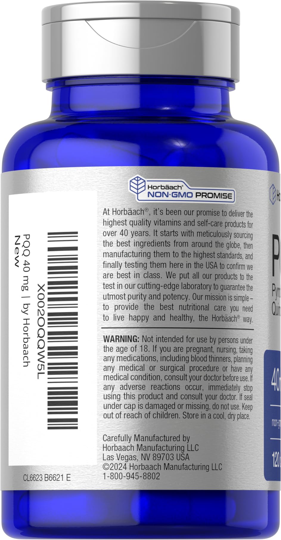 Horbäach PQQ Supplement 40 mg – 120 Capsules | Non-GMO & Gluten Free | Pyrroloquinoline Quinone Disodium Salt