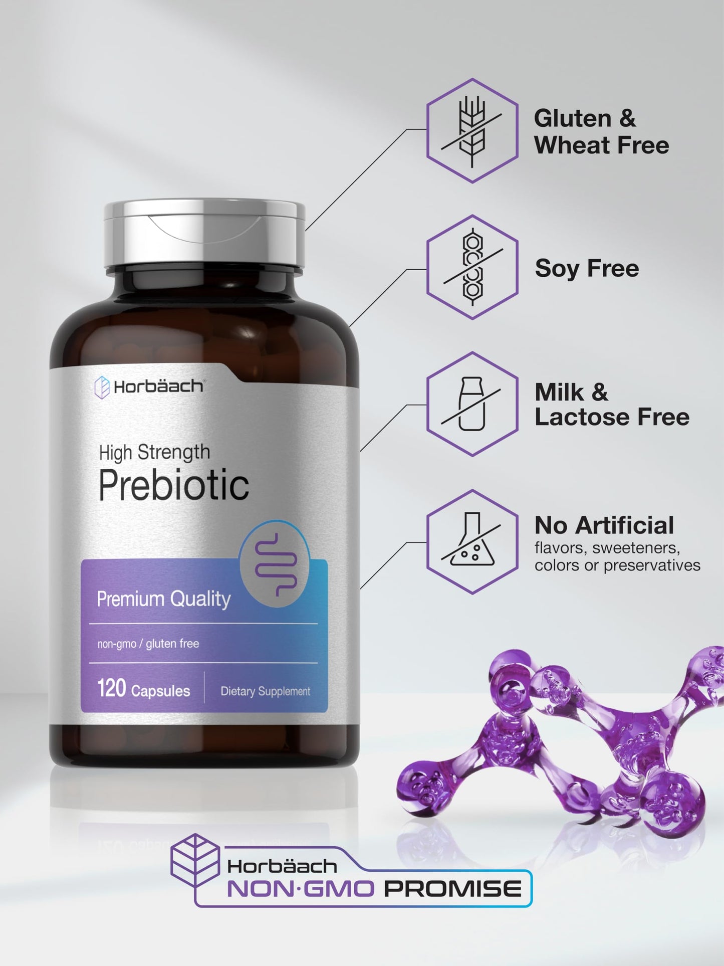 Horbäach Prebiotic for Men and Women | 120 Powder Pills | High Strength & Premium Quality Supplement | Non-GMO & Gluten Free Quick Release Capsules