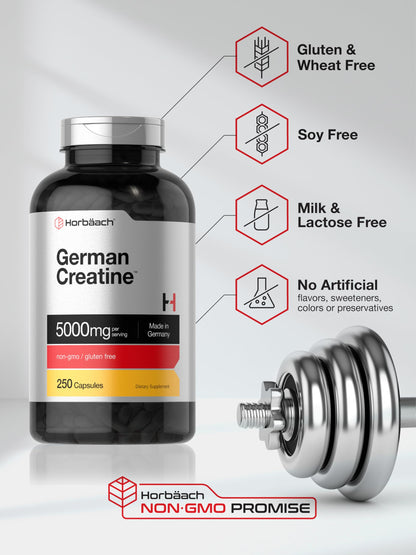 Horbaach German Creatine Monohydrate 5000mg | 250 Capsules | Non-GMO & Gluten Free