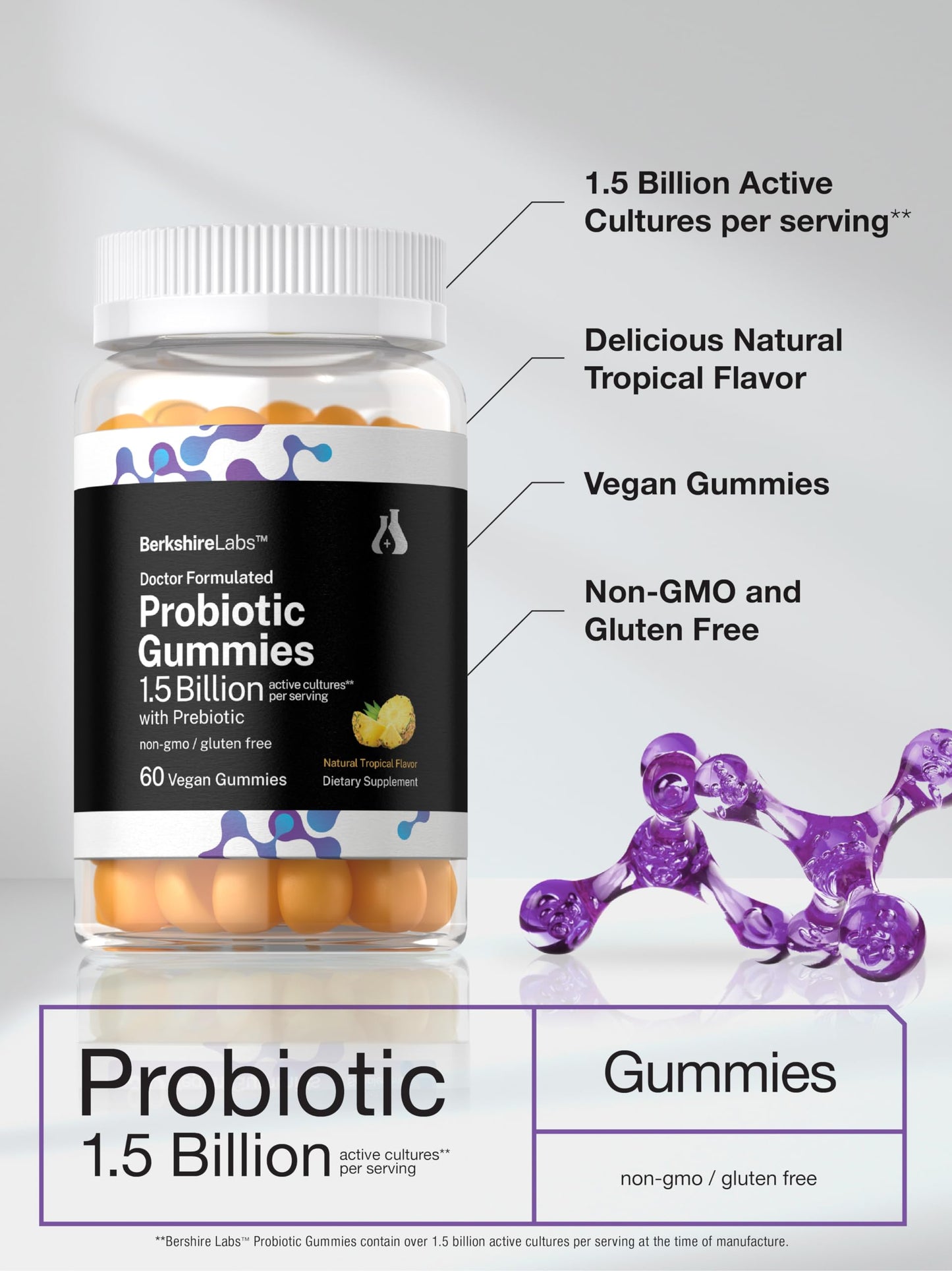Horbäach Probiotic Gummies – 60 Count | 1.5B CFU + Prebiotic | Doctor Formulated | Vegan, Gluten Free | Berkshire Labs