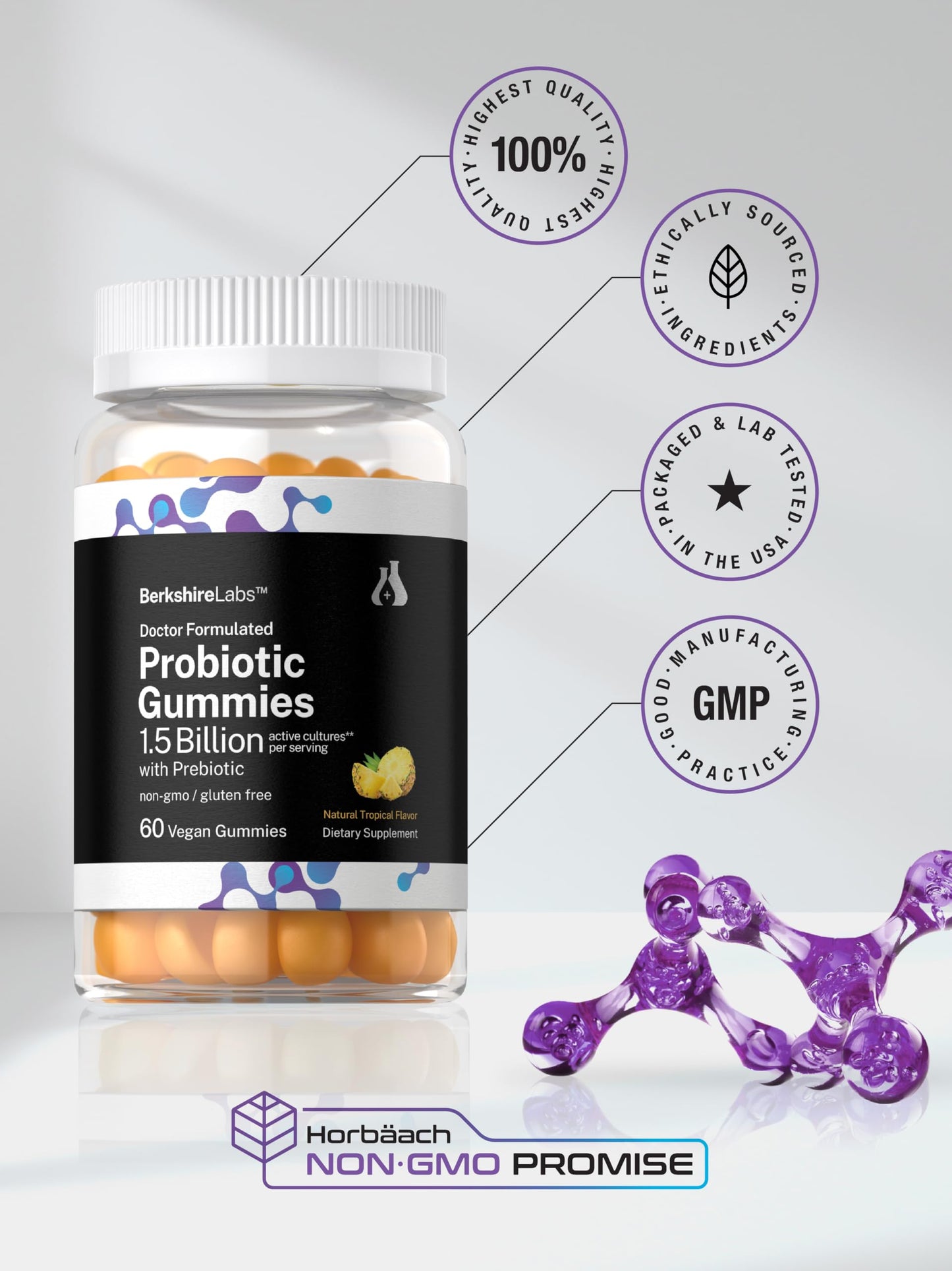 Horbäach Probiotic Gummies – 60 Count | 1.5B CFU + Prebiotic | Doctor Formulated | Vegan, Gluten Free | Berkshire Labs