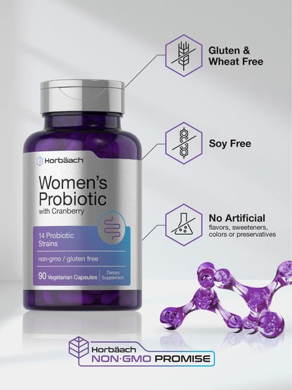 Horbäach Probiotic for Women with Cranberry | 90 Vegetarian Capsules | 14 Strains | Non-GMO, Gluten Free