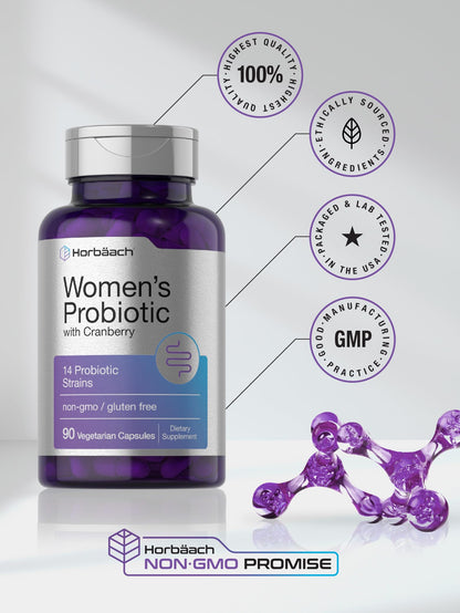 Horbäach Probiotic for Women with Cranberry | 90 Vegetarian Capsules | 14 Strains | Non-GMO, Gluten Free