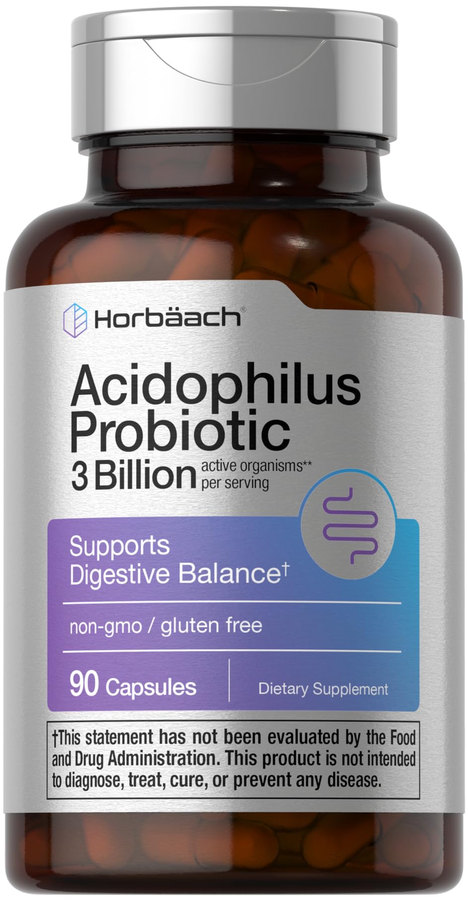 Horbäach Probiotic for Women & Men's Digestive Health | 3 Billion CFU | 90 Capsules | Non-GMO & Gluten Free