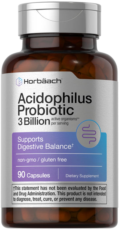 Horbäach Probiotic for Women & Men's Digestive Health | 3 Billion CFU | 90 Capsules | Non-GMO & Gluten Free