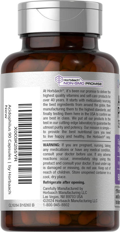 Horbäach Probiotic for Women & Men's Digestive Health | 3 Billion CFU | 90 Capsules | Non-GMO & Gluten Free