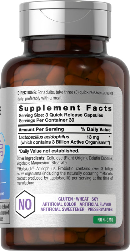 Horbäach Probiotic for Women & Men's Digestive Health | 3 Billion CFU | 90 Capsules | Non-GMO & Gluten Free
