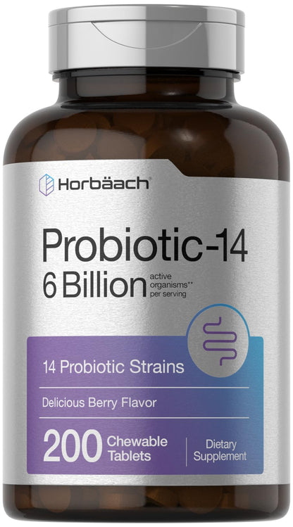 Horbäach Probiotics 6 Billion CFUs - 200 Chewables, Berry Flavor, 14 Strains