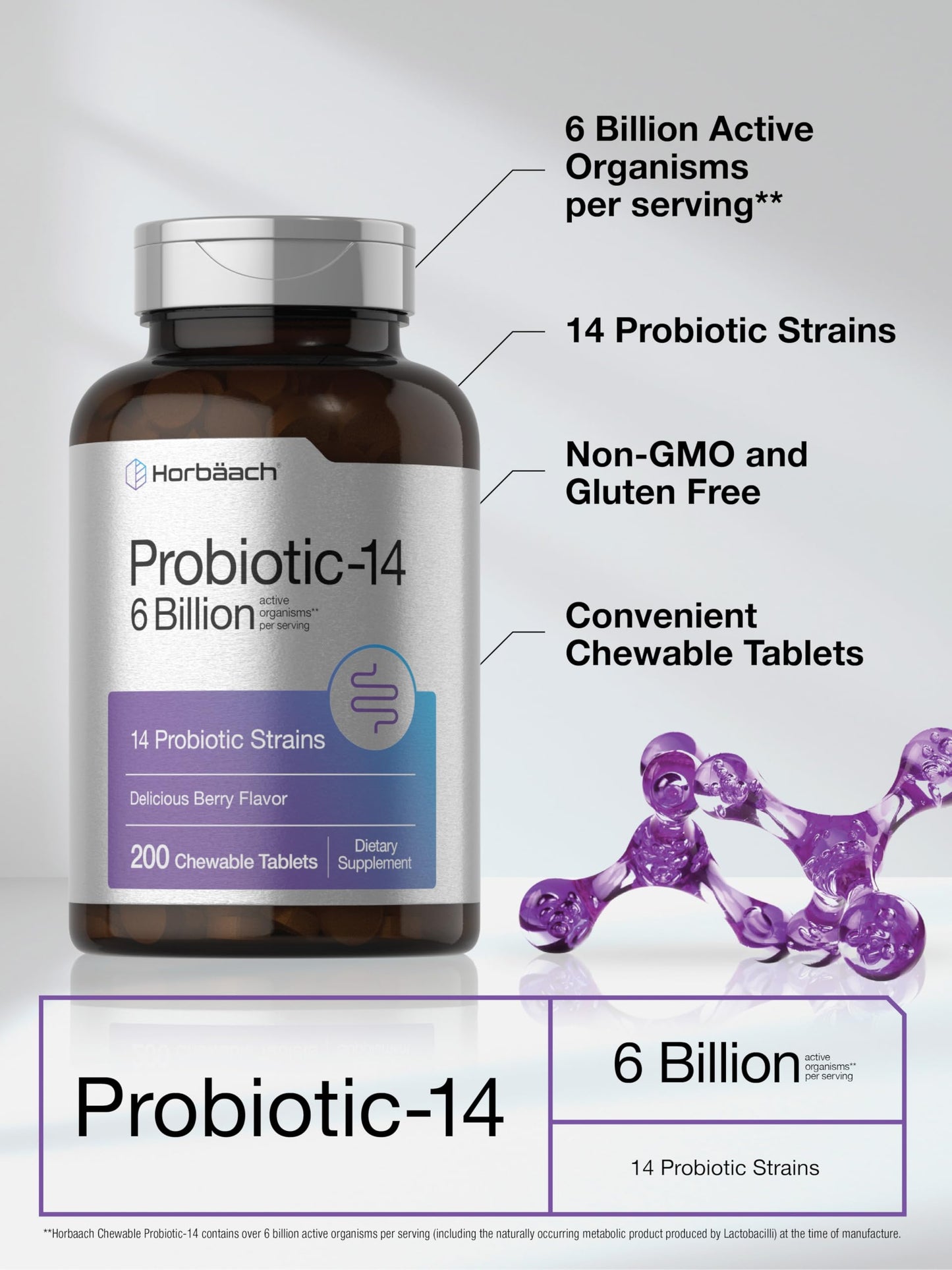 Horbäach Probiotics 6 Billion CFUs - 200 Chewables, Berry Flavor, 14 Strains