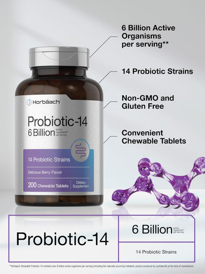 Horbäach Probiotics 6 Billion CFUs - 200 Chewables, Berry Flavor, 14 Strains