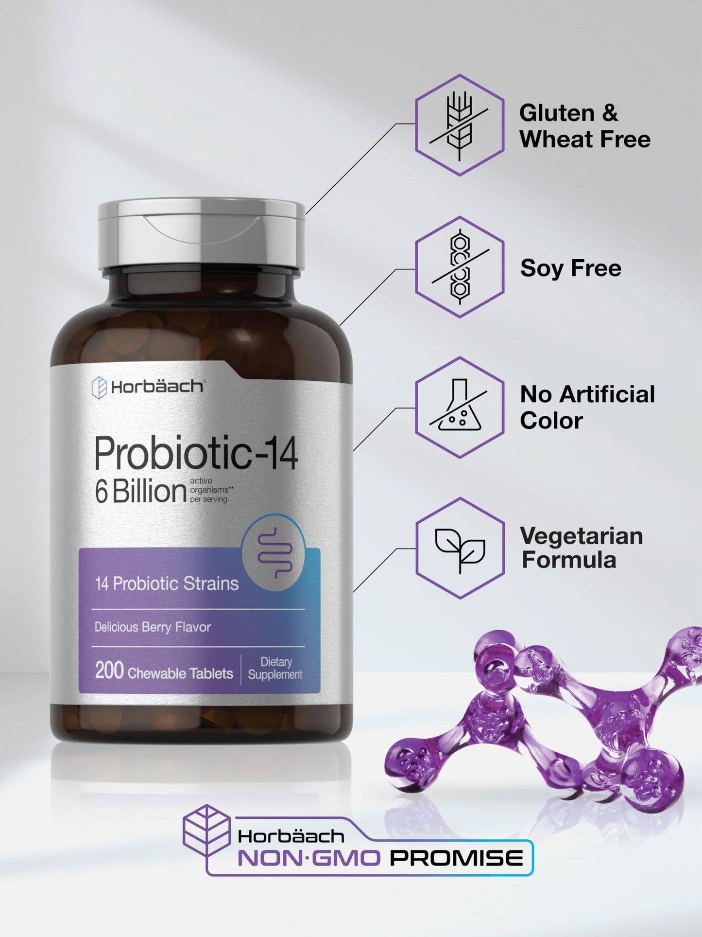 Horbäach Probiotics 6 Billion CFUs - 200 Chewables, Berry Flavor, 14 Strains