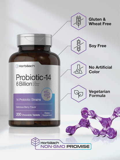 Horbäach Probiotics 6 Billion CFUs - 200 Chewables, Berry Flavor, 14 Strains