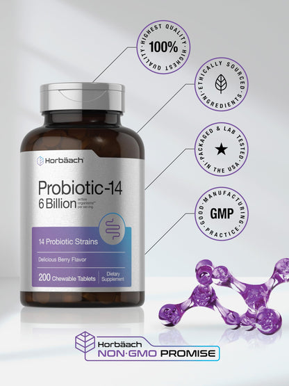Horbäach Probiotics 6 Billion CFUs - 200 Chewables, Berry Flavor, 14 Strains