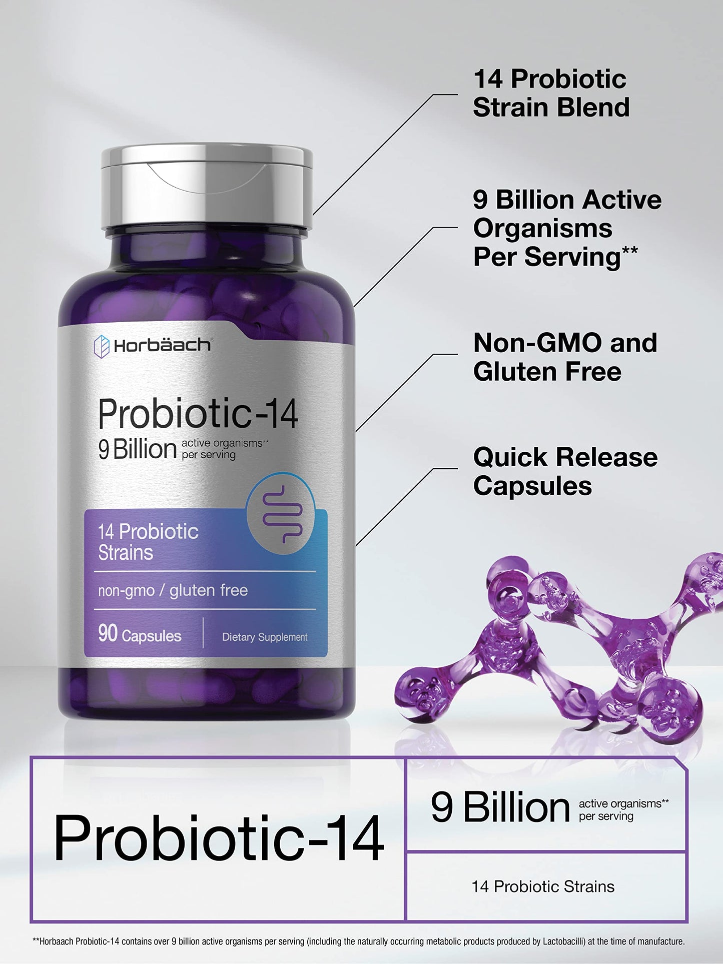 Horbäach Probiotics for Women & Men | 14 Strains for Digestive Health | 9 Billion CFU | 90 Capsules | Non-GMO & Gluten Free Supplement
