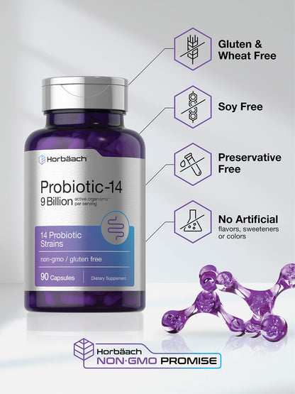 Horbäach Probiotics for Women & Men | 14 Strains for Digestive Health | 9 Billion CFU | 90 Capsules | Non-GMO & Gluten Free Supplement