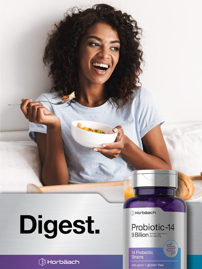 Horbäach Probiotics for Women & Men | 14 Strains for Digestive Health | 9 Billion CFU | 90 Capsules | Non-GMO & Gluten Free Supplement