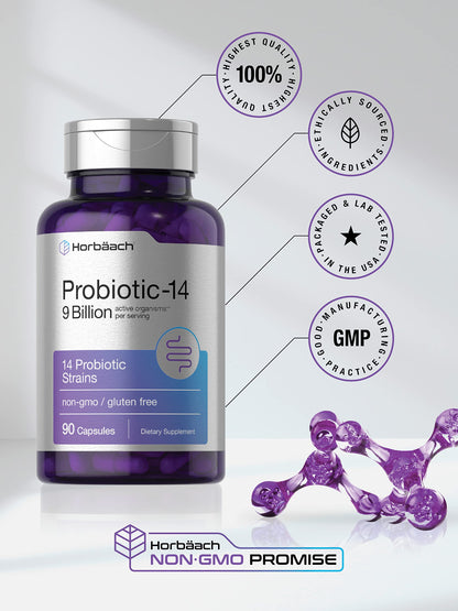 Horbäach Probiotics for Women & Men | 14 Strains for Digestive Health | 9 Billion CFU | 90 Capsules | Non-GMO & Gluten Free Supplement