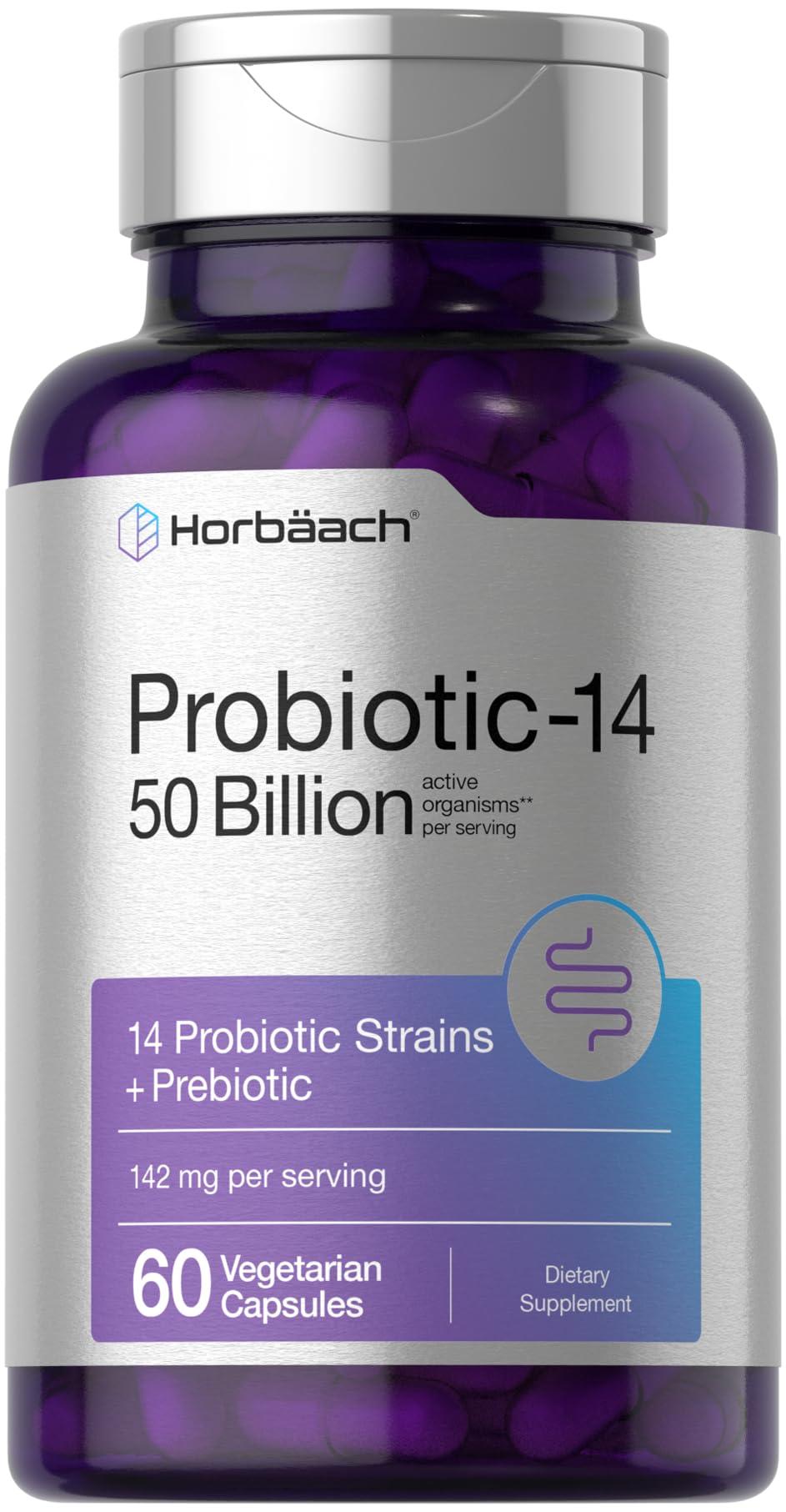 Horbaach Probiotics for Women and Men – 60 Capsules | 50 Billion Active Organisms | 14 Strains + Prebiotic | Non-GMO & Gluten Free