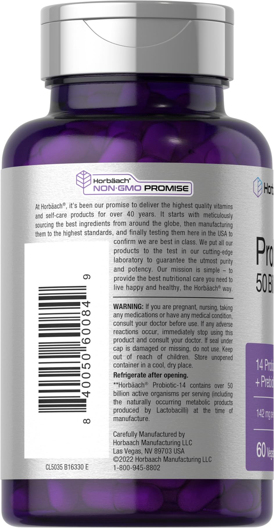 Horbaach Probiotics for Women and Men – 60 Capsules | 50 Billion Active Organisms | 14 Strains + Prebiotic | Non-GMO & Gluten Free