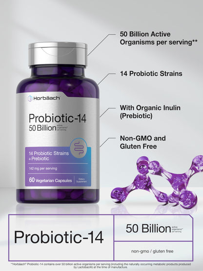 Horbaach Probiotics for Women and Men – 60 Capsules | 50 Billion Active Organisms | 14 Strains + Prebiotic | Non-GMO & Gluten Free