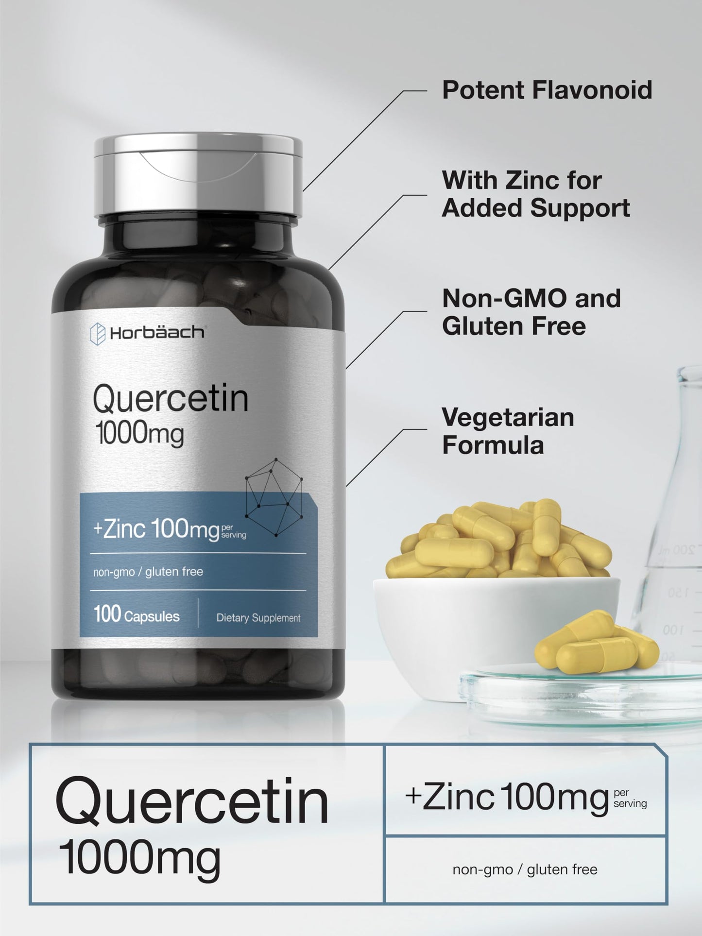Horbäach Quercetin 1000mg Capsules with Zinc | 100 Count | Non-GMO, Gluten Free